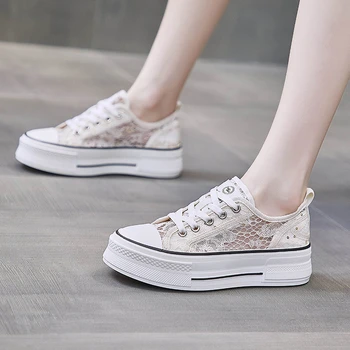 Нова дамски обувки на платформа, есенни дамски маратонки на равна подметка с дишаща мрежа и шнур, модни градинска дамски ежедневни обувки за ходене Изображение